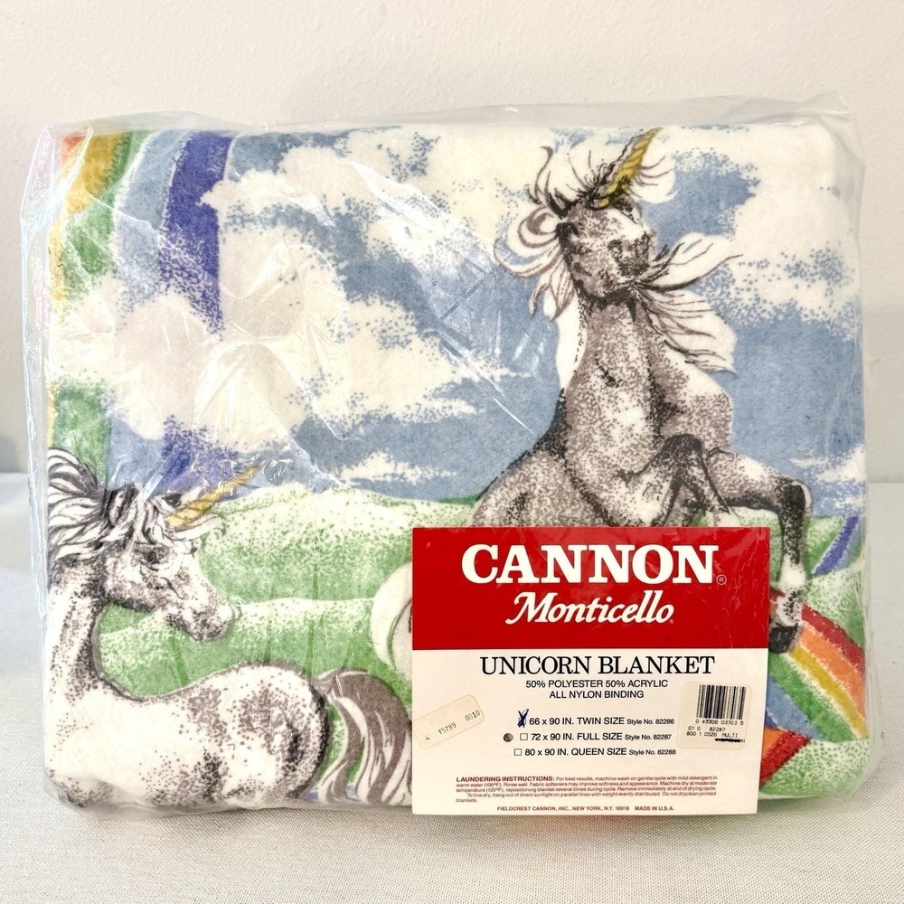 Vintage Fieldcrest Cannon Monticello Unicorn Rainbow Twin Blanket 66x90" NOS
